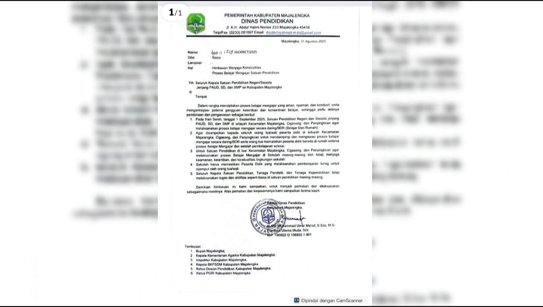 Dinas Pendidikan Majalengka Himbau Sekolah Antisipasi Demo 1 September, KBM Dilakukan Daring