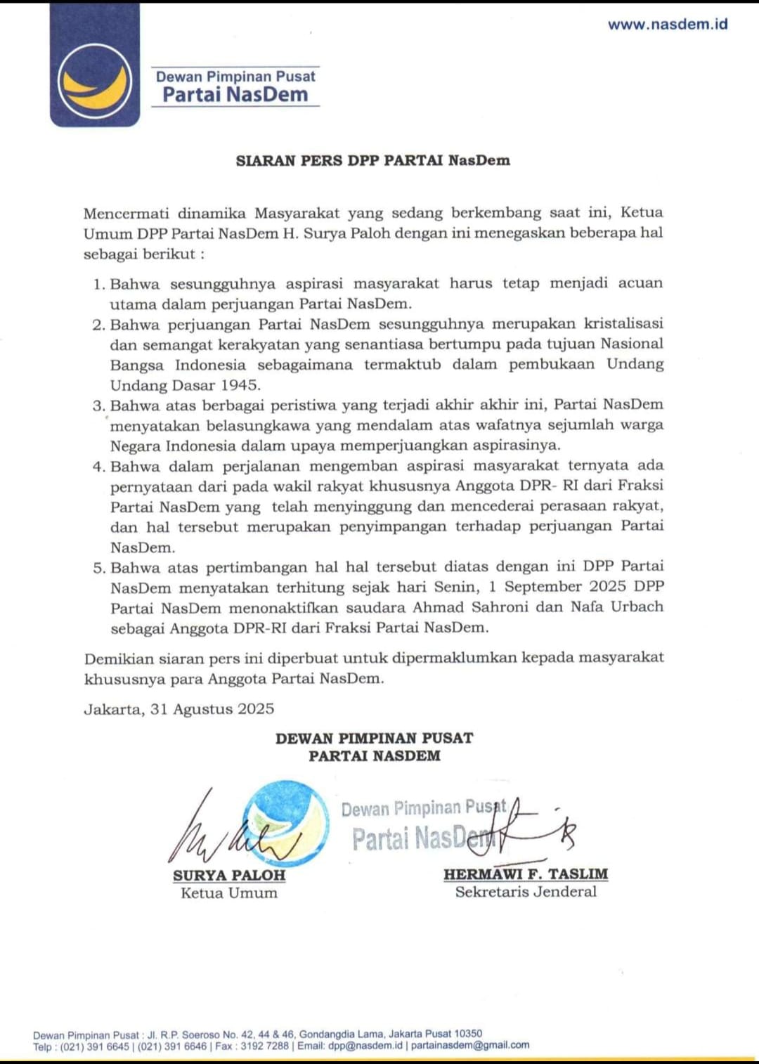 NasDem Nonaktifkan Ahmad Sahroni dan Nafa Urbach dari Fraksi DPR RI, Tegaskan Aspirasi Rakyat
