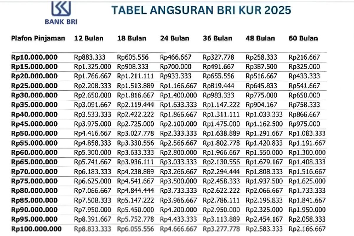 Terupdate! Tabel KUR BRI Edisi Desember 2025 Pinjaman 100 Juta, Segini Cicilan Terendahnya!