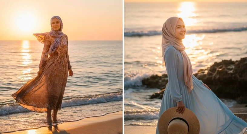 Kumpulan 5 Prompt Gemini AI Wanita Berhijab di Pantai, Vibes Liburan Ceria, Hasil Tetap Cantik Natural