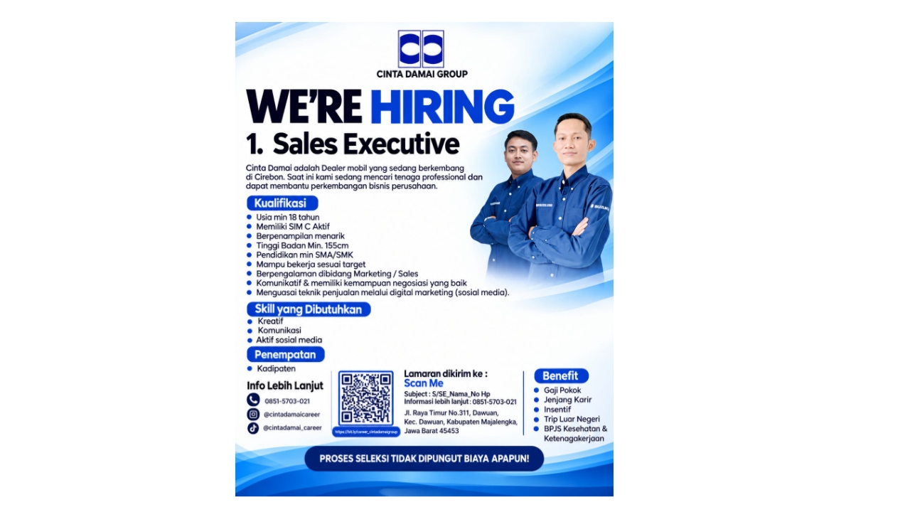 Lowongan Kerja Cinta Damai Group Dibuka, Ada Posisi Sales Executive di Majalengka
