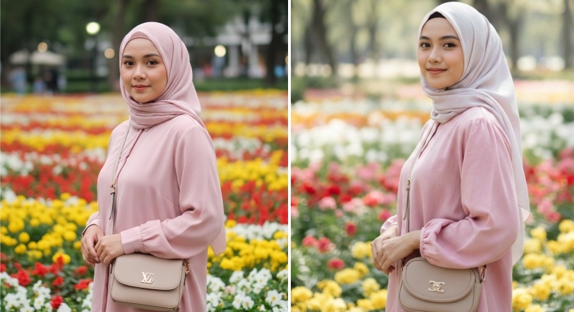 Kumpulan 5 Prompt Gemini Edit Foto Wanita Berhijab Terbaru, Edisi Pink dengan Latar Bunga yang Terlihat Asli