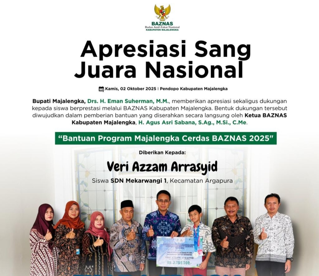 Bupati Majalengka Apresiasi Juara OSN Nasional, BAZNAS Serahkan Bantuan Program Majalengka Cerdas