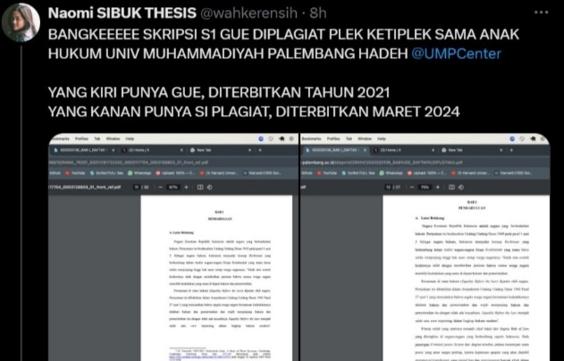 Viral! Mahasiswa Hukum UMP Plagiat Skripsi Mahasiswa Unsri, Dijiplak Sampai Plek Ketiplek Mirip Banget