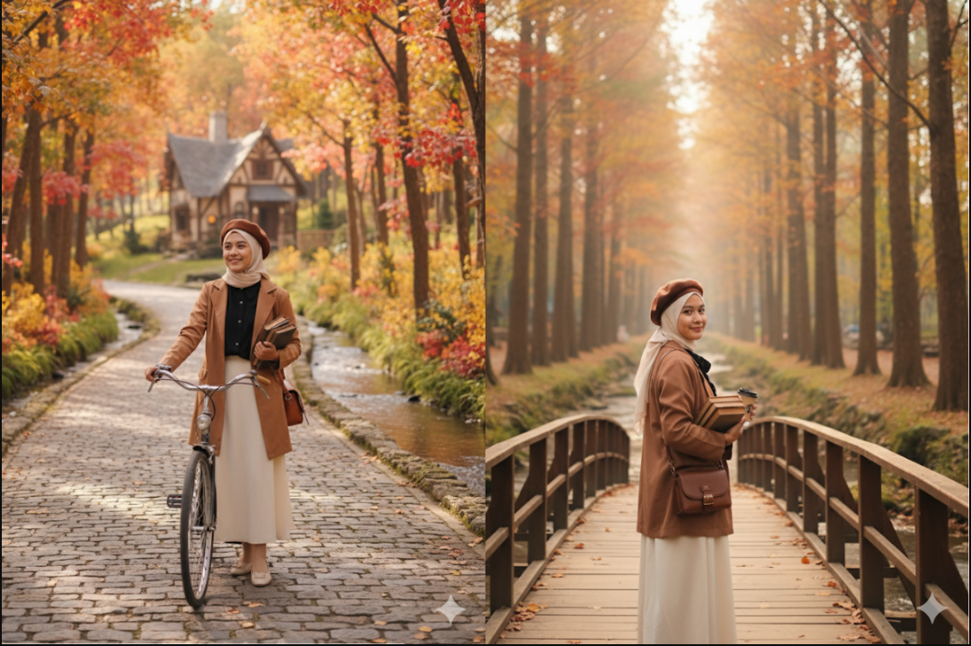 Lihatnya Bikin Tenang! 2 Prompt Gemini Ai Terbaru Foto Wanita Hijab Sendiri di Pedesaan Eropa Hasil Natural