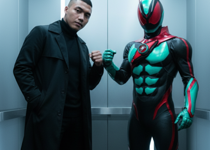 Cara Edit Foto AI Berdua Bareng Kamen Rider, dengan Pose Tos di Dalam Lift Sinematik