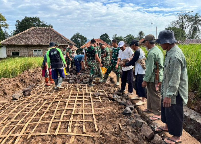 TMMD 127 Kodim Majalengka Perkuat Tanah Bekas Sawah dengan Gedeg di Sindangwangi